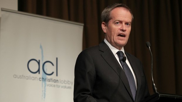 "I believe in God and I believe in marriage equality": Opposition Leader Bill Shorten addresses the Australian Christian Lobby.
