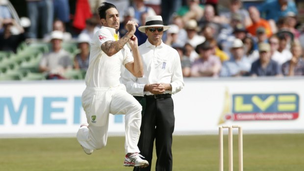 Fast and furious: Mitchell Johnson winds up against Kent.