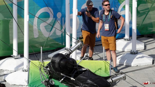 An overhead camera fell from wires suspending it over Olympic Park in Rio on Monday.