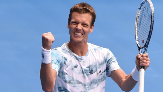 Happiness is beating Rafael Nadal in straight sets is what Tomas Berdych seems to be trying to convey.