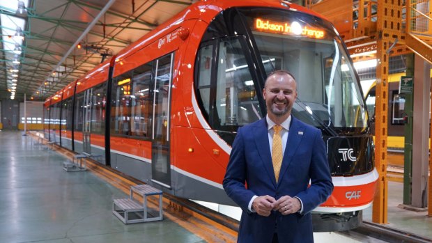 Andrew Barr this week with one of Canberra's new light-rail trains on the production line in Spain.