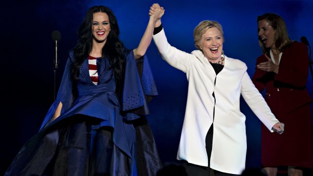 Hillary Clinton wore white when she appeared with her biggest celebrity fan and supporter Katy Perry during a campaign event in Philadelphia on Saturday.