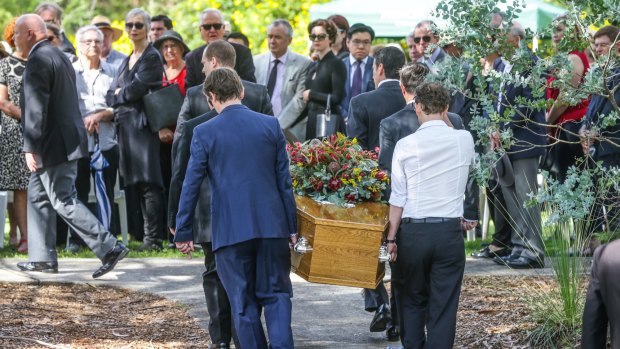 Pallbearers at Bob Ellis' funeral at Frenchs Forest Bushland Cemetery. 