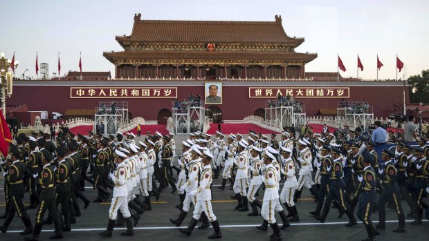 Chinese troops at Tiananmen ahead of the 70th anniversary of the end of World War II. 
