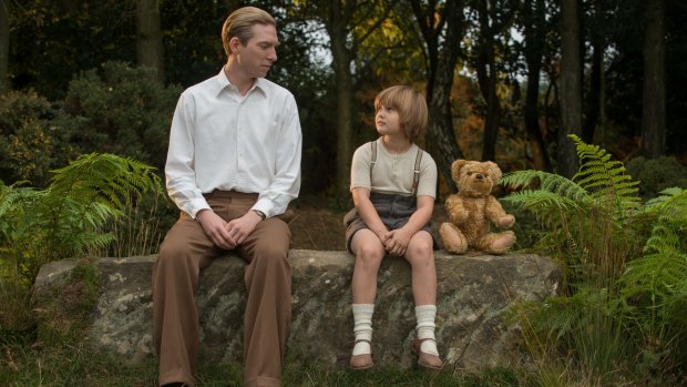 A.A. Milne (Domhnall Gleeson, left) and Christopher Robin (Will Tilston).  During an oasis of companionable time between the father and son, the Pooh stories came into being.