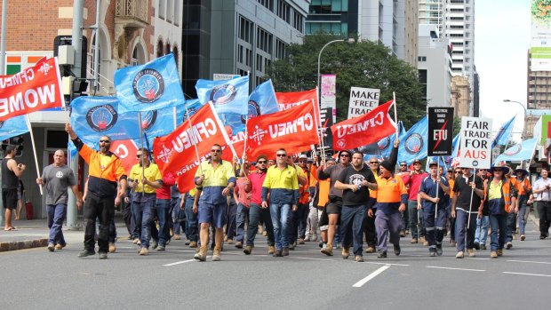 Unionists rally in Brisbane against the free trade agreement with China.