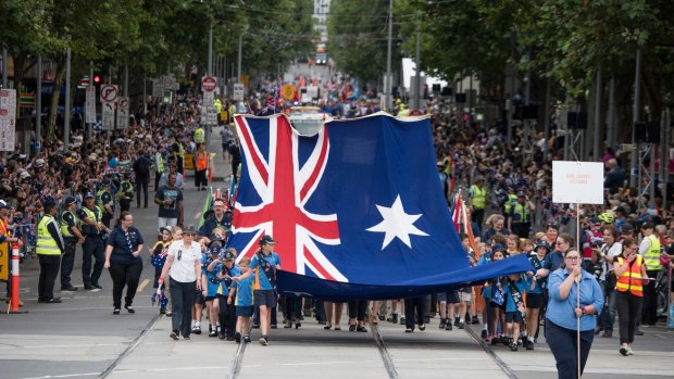 The crowd on Swanston Street for the Australia Day parade.