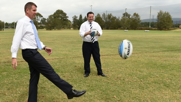 Premier Mike Baird at Penrith Panthers with Stuart Ayres during the campaign.