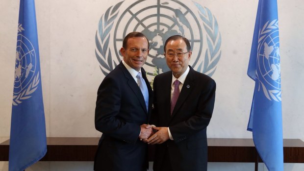 Prime Minister Tony Abbott with United Nations Secretary-General Ban Ki-moon in June 2014.