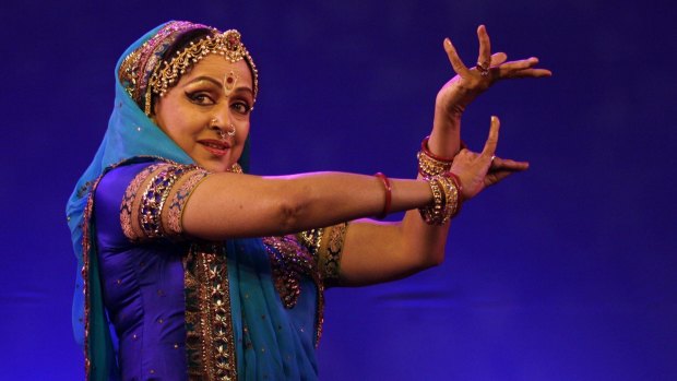 Indian Bollywood actress Hema Malini performs an Indian classical dance.