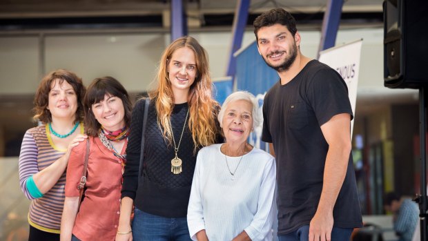 The late Dr Margaret Williams-Weir, the first recorded Aboriginal person to enrol in a university course in Australia, with Indigenous students and staff (from left) Genevieve Grieves, Kate Rendell, Lilly Brown and Clinton Benjamin, at Melbourne University in 2014.