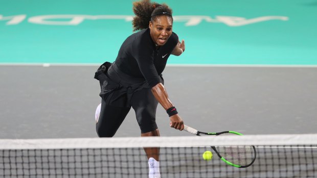 Back in action: Serena Williams during her exhibition return in Abu Dhabi.