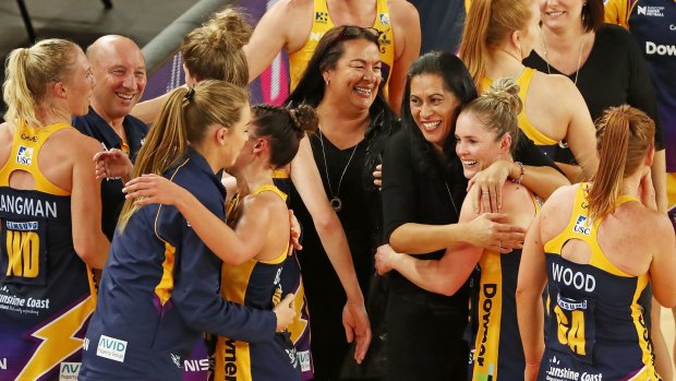 Ecstatic Sunshine Coast Lightning coach Noeline Taurua celebrates their grand final berth with her players.