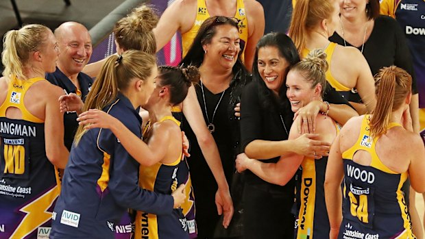 Ecstatic Sunshine Coast Lightning coach Noeline Taurua celebrates their grand final berth with her players.