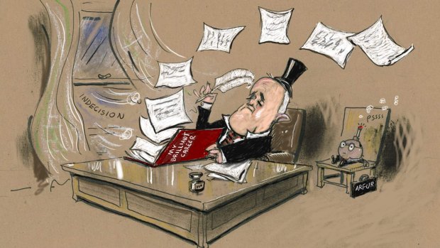 I do enjoy Moir's cartoons of Malcolm Turnbull as a toff, with his top hat perched perilously on his head, as in 