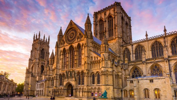 The York Minster at sunset in the city of York, Yorkshire, England, UK.
