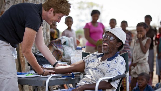 Vanessa Hayes collecting DNA from Kalahari locals in Namibia to compare with the DNA of St Helena's skeletons. 