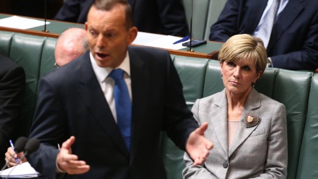 Prime Minister Tony Abbott and Foreign Affairs minister Julie Bishop during question time on Monday.