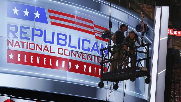 The main stage on the convention floor at the Quicken Loans Arena in downtown Cleveland, Ohio, is prepared for the upcoming Republican National Convention.