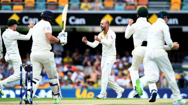 Beast: Nathan Lyon takes a wicket during the First Test.