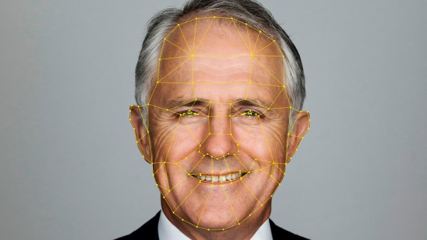 Prime Minister Malcolm Turnbull's portrait with an artist impression of facial biometric reference points. 