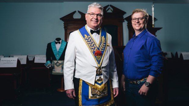 Canberra Masonic Centre District Grand Inspector of Workings, Roman Chalawinskyj and Worshipful Master Elect Ben Neit at the open day.