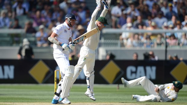 Nathan Lyon dismisses Broad during the Boxing Day Test in 2013.