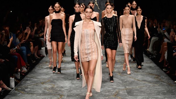 Bella Hadid leads the models as they walk the runway during the Misha show at Mercedes-Benz Fashion Week Resort 17 Collections at Carriageworks.