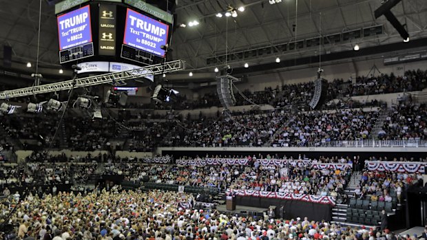 Republican presidential candidate Donald Trump speaks to a large crowd during a rally on Friday.