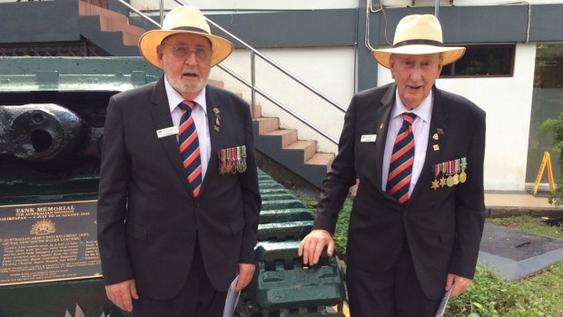 Keith Hearne (left) and Fred Sharon at the Balikpapan tank memorial on Borneo.