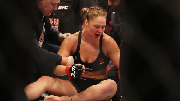 Stunned: Ronda Rousey after her first round loss to Holly Holm in November.