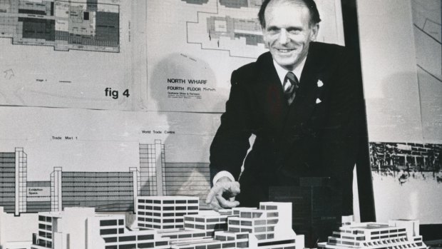 Lindsay Thompson, who would go on to become premier of Victoria, poses in 1975 with a model of the soon-to-be-built World Trade Centre. 