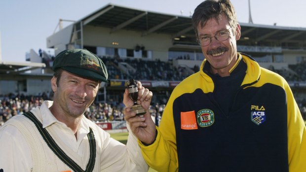 John Buchanan, right, with Steve Waugh in 2002.