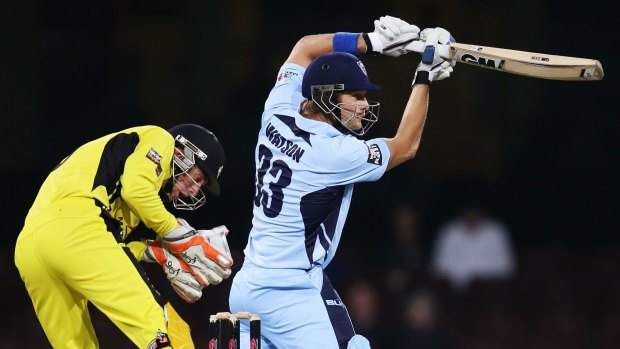 Smokin’: Shane Watson hits out on his way to 83 before falling to Ashton Agar in NSW’s  defeat to Western Australia.  