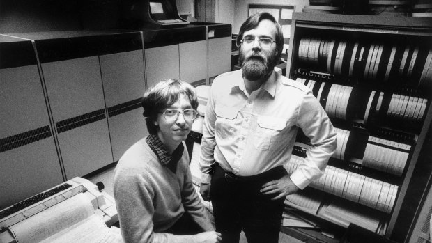Paul Allen (right) and Bill Gates, founders of Microsoft, in their small offices in 1981. The company employed 85 people at the time.