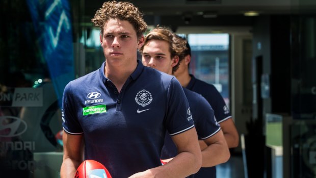 New Blues: Carlton recruits, including Charlie Curnow, prepare to front the media Simon Schluter.