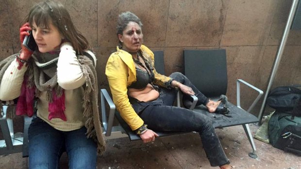 Nidhi Chaphaker, right, and an unidentified woman photographed by Georgian Public Broadcast's Ketevan Kardava immediately after the terrorist attack on Brussels Airport in Belgium.