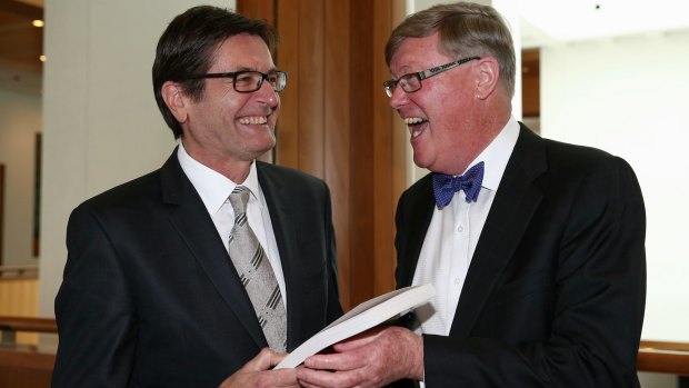 Former Labor minister Greg Combet with Allan Behm at the former staffer's book launch at Parliament House on Thursday.