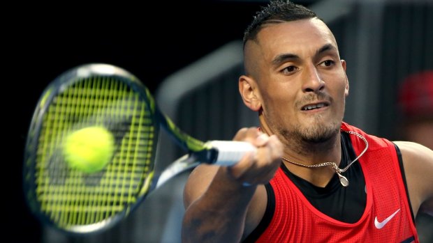 Marching on: Nick Kyrgios on his way to victory over Pablo Cuevas.
