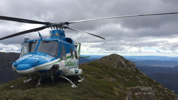The Snowy Hydro SouthCare helicopter perched at 6300 feet last week, atop The Sentinel in Kosciuszko National Park