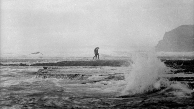 Searchers look for the body of Harold Holt amongst rocks at Cheviot Bay.