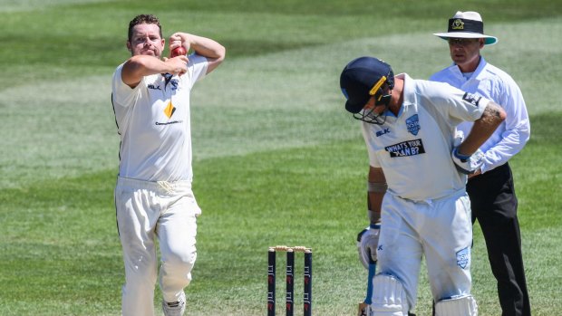 Turn up: Victoria's Jon Holland sends down a delivery on day three of the JLT Sheffield Shield match between NSW and Victoria at North Sydney Oval.