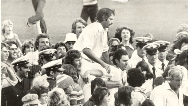 Dennis Lillee is chaired off the MCG after a centenary-Test winning performance.