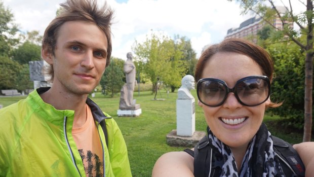 Writer Elle Hardy with “Lenining” expert Alexander Bork in Moscow’s Muzeon Park.