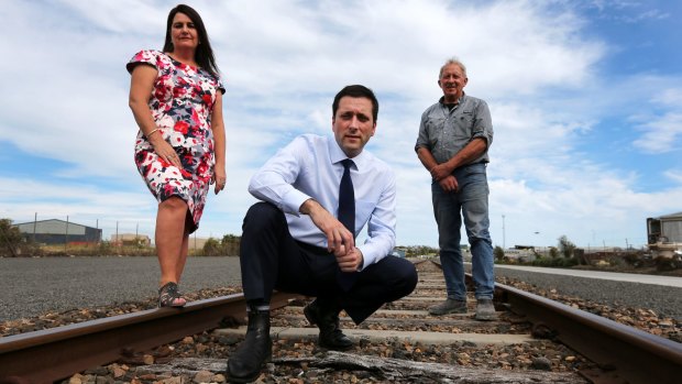 Member for South West Coast Roma Britnell, Opposition Leader Matthew Guy, and Westvic Container Export owner Warwick Loft are unhappy about the closure of the Warrnambool line. 