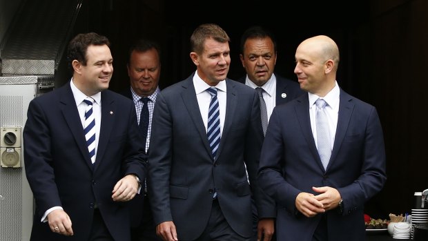 Sports Minister Stuart Ayres, ARU CEO Bill Pulver, Premier Mike Baird, FFA head of corporate affairs Kyle Patterson and NRL CEO Todd Greenberg at the announcement. 