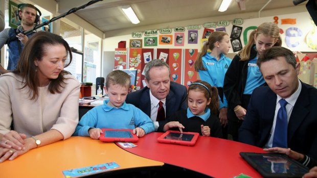Labor MP Gai Brodtmann, Opposition Leader Bill Shorten and Shadow Communications Minister Jason Clare during their visit to Hughes Primary School in Canberra.