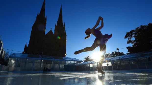 Katie Pasfield, 17, a member of Stars on Ice, tests the rink near St Mary's Cathedral. 