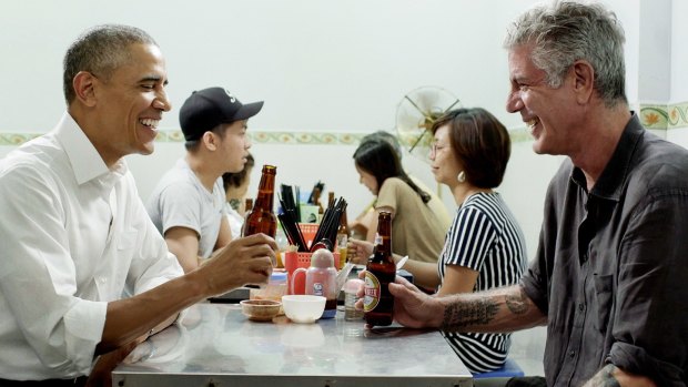 Anthony Bourdain and Barack Obama sit down for a meal in Hanoi.