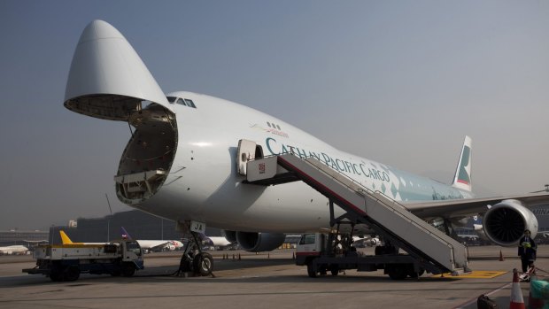 A Cathay Pacific 747-800 freighter at Hong Kong international airport.